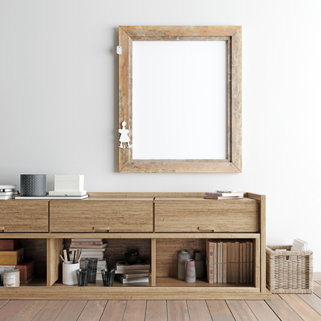 mock up poster in hipster interior with rack background, modern style, 3D renderの写真素材