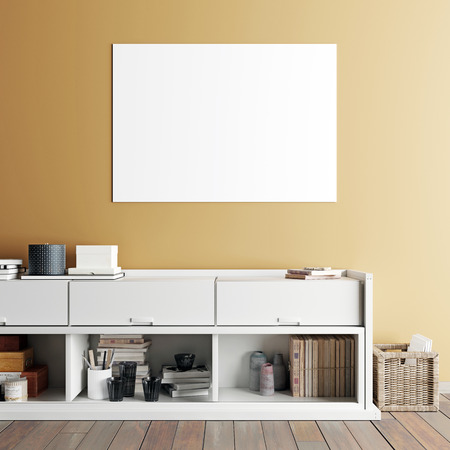 mock up poster, scandinavian style interior with yllow background wall, 3D render, 3D illustrationの写真素材