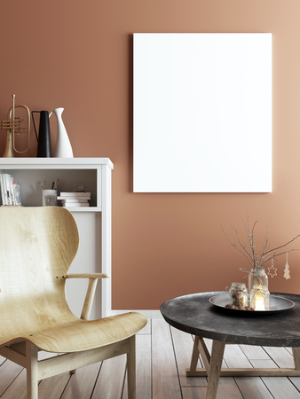 Mock up poster in elegant retro living room in stylish apartment. 3d render.の写真素材
