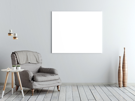 Blank poster, armchair in living room, 3d renderの写真素材