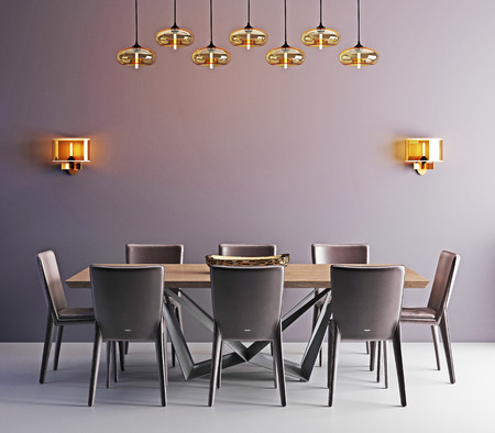 Room with contemporary dining table, white chairs and modern lamp. 3d renderの写真素材