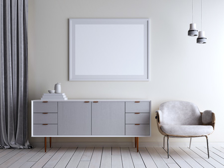 Mock up beige wall room chest and chair in interior. Scandinavian style interior. 3d renderingの写真素材