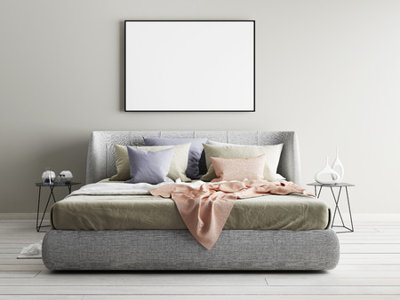 Mock up beige wall bedroom interior. Scandinavian style interior. 3d renderingの写真素材