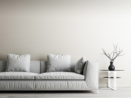 Modern interior of living room, home decor concept, white sofa and table with beige wall and woodfloor. 3d renderの写真素材