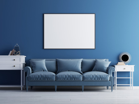 Mockup poster on the wall, luxury living room, blue classic sofa and wall. 3d render.の写真素材