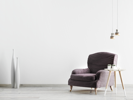 Interior with an armchair and a little table on a background of an empty wall, 3D renderの写真素材