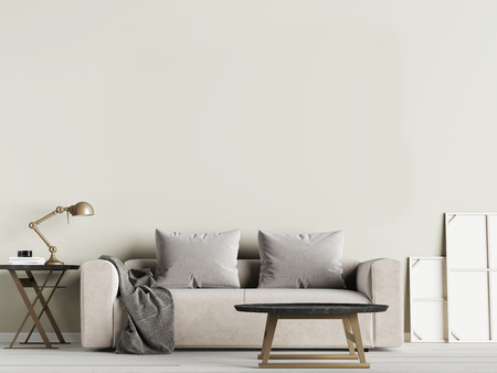 Livingroom interior wall mock up with fabric sofa and pillows on olive background. 3d rendering.の写真素材