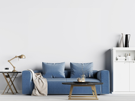 mock up empty wall in interior background with blue sofa, Scandinavian style. 3d renderingの写真素材