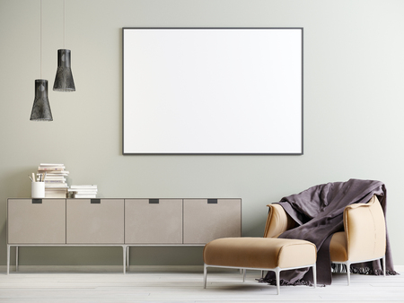 Mock up poster in the interior with a chest of drawers and a chair in a modern style. 3D renderingの写真素材