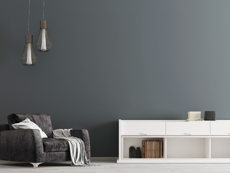 Contemporary black interior with a chest of drawers and a chair in a modern style. 3D renderingの写真素材