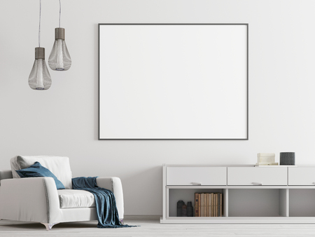 Mock up poster in the white interior with white furniture a modern style. 3D renderingの写真素材