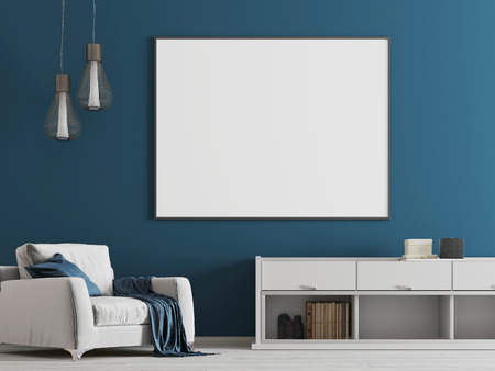 Mock up poster in the blue interior with white furniture a modern style. 3D renderingの写真素材
