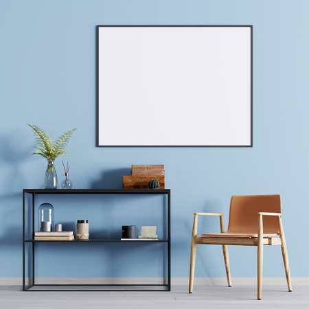 Interior poster mock-up with shelf with decor and armchair in the room. 3D rendering.の写真素材