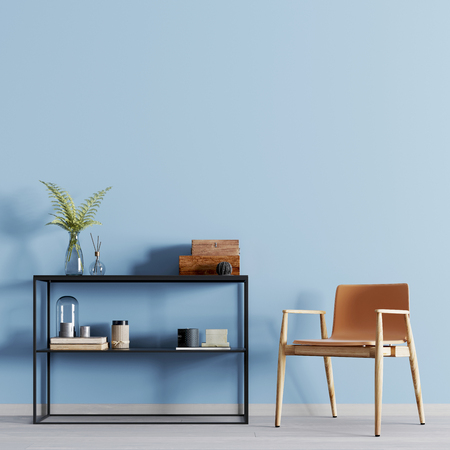 Contemporary Interior with empty wall for mockup, shelf with armchair in the room. 3D rendering.の写真素材