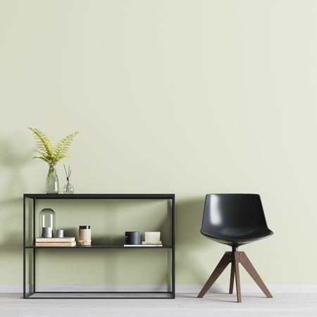 Modern Interior with empty wall for mock-up with shelves with decor and chair in the room. 3D rendering.の写真素材