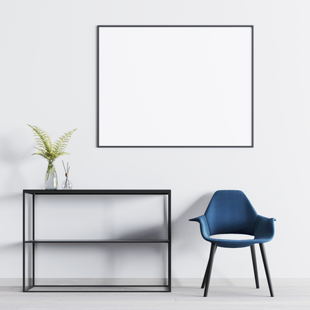 Interior poster mock-up with shelves with decor and chair in the room. 3D rendering.の写真素材