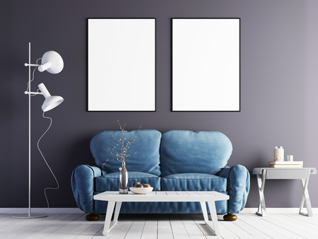 two mock up poster on a purple wall with a blue sofa in a modern interior. 3d rendering.の写真素材