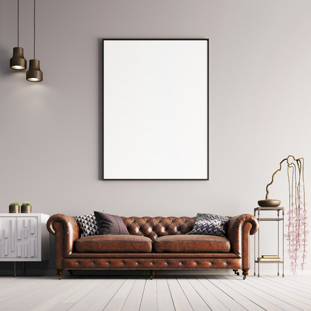 mock up poster in classical style with leather sofa and plant. 3d renderの写真素材