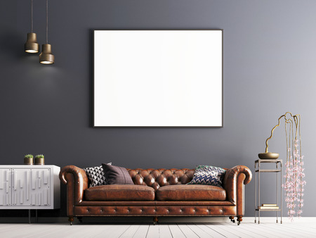 mock up poster in classical style interior with leather sofa and plant. 3d renderの写真素材