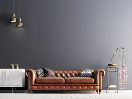 empty wall in classical style interior with leather sofa on grey background wall. 3d renderingの写真素材