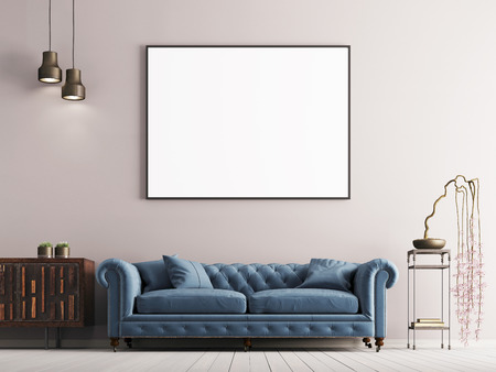 mock up poster in classical style interior with blue sofa and plant. 3d renderの写真素材