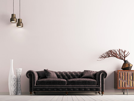 empty wall in classical style interior with brown sofa on grey background wall. 3d renderingの写真素材
