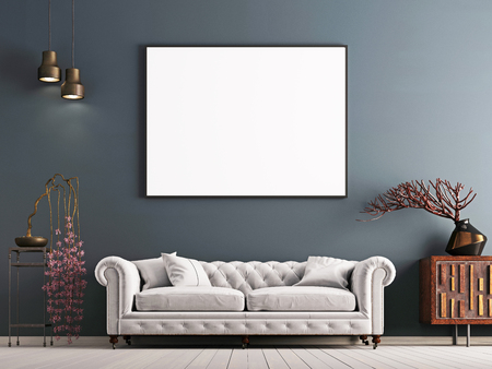 mock up poster on gray wall in interior classical style with white sofa, and decor. 3d renderの写真素材