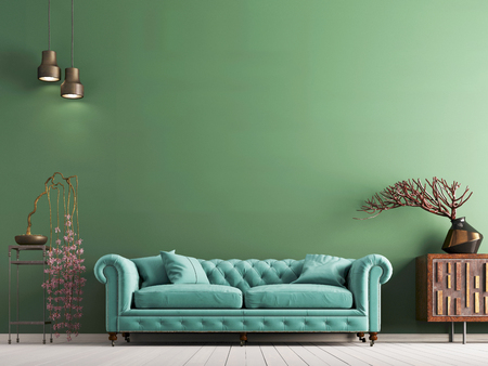 empty light mint wall in classical style interior with green sofa. 3d renderingの写真素材