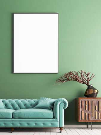 mock up poster on green wall in interior classical style with light mint sofa, and decor. 3d renderの写真素材
