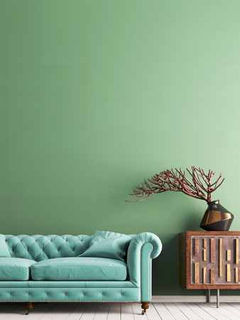 empty light mint wall in classical style interior with green sofa. 3d renderingの写真素材