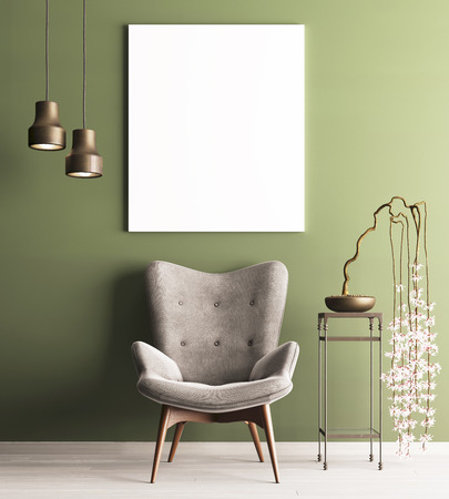 mock up poster with chair & plant on table, minimalism loft interior background, 3D rendering, 3D illustrationの写真素材