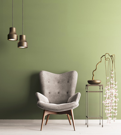 empty wall with chair & plant on table, minimalism loft interior background, 3D rendering, 3D illustrationの写真素材