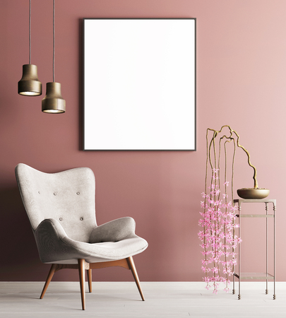 mock up poster with chair & plant on table, minimalism loft interior background, 3D rendering, 3D illustrationの写真素材