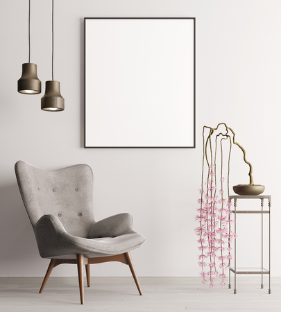 mock up poster with chair & plant on table, minimalism loft interior background, 3D rendering, 3D illustrationの写真素材