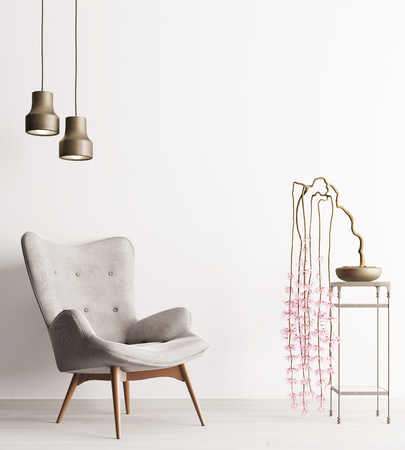 empty wall with chair & plant on table, minimalism loft interior background, 3D rendering, 3D illustrationの写真素材