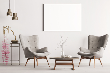 Mock up poster in pastel interior classic style with soft armchairs, plant and lamps. 3d renderingの写真素材