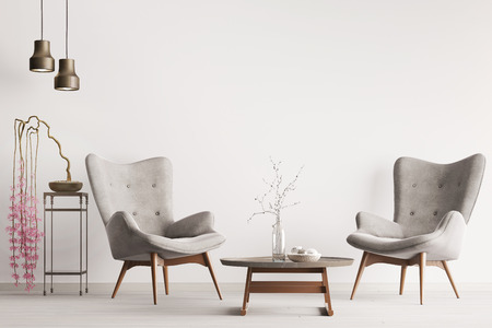 Empty wall in pastel interior classic style with soft armchairs, plant and lamps. 3d renderingの写真素材