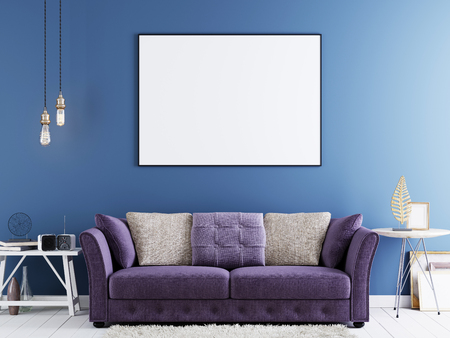 Mock up poster on a blue wall in modern hipster interior with violet sofa and white table. 3D rendering.の写真素材