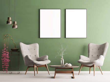 Mock up poster in pastel modern interior with green wall, soft armchairs, plant and lamps. 3d renderingの写真素材