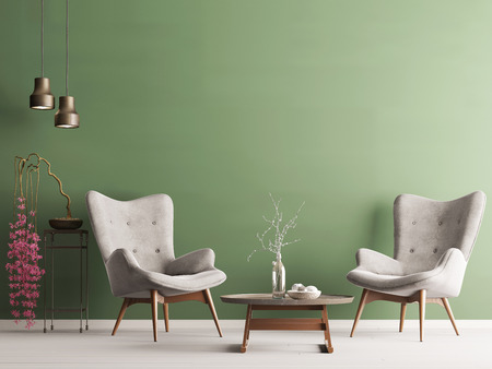 Empty wall in pastel modern interior with green wall, soft armchairs, plant and lamps. 3d renderingの写真素材