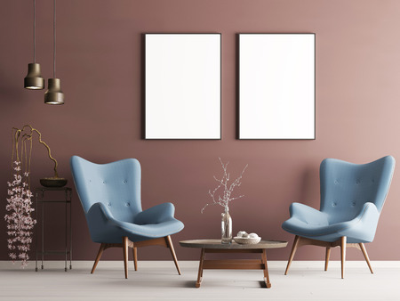 Mock up poster in pastel modern interior with burgundy wall, soft armchairs, plant and lamps. 3d renderingの写真素材