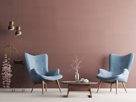 Empty wall in pastel modern interior with burgundy wall, soft armchairs, plant and lamps. 3d renderingの写真素材