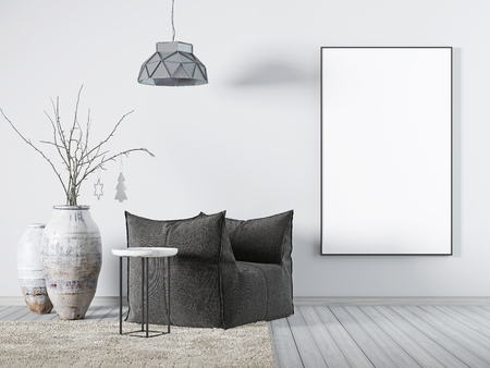 Mock up poster in living room interior white fabric armchair, a coffee table and big vase. 3d renderingの写真素材