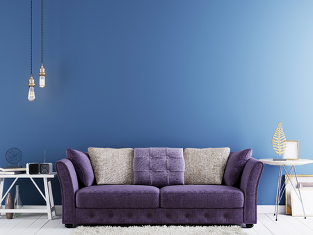 Empty wall for mock up on a blue wall in modern hipster interior with violet sofa and white table. 3D rendering.の写真素材