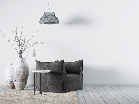 Empty wall for mockup in interior background, Scandinavian style, 3D illustration, 3D renderingの写真素材