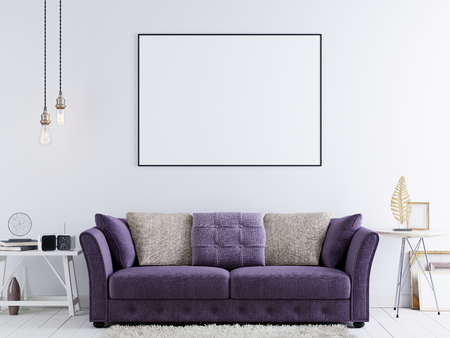 Mock up poster on a white wall in modern hipster interior with violet sofa and white table. 3D rendering.の写真素材