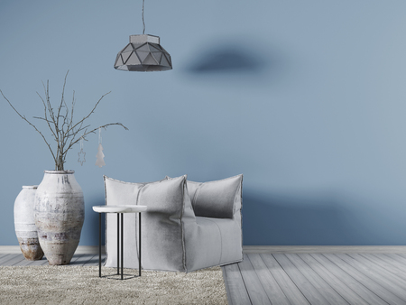 Neutral interior with velvet armchair on empty white wall background. 3D rendering.の写真素材