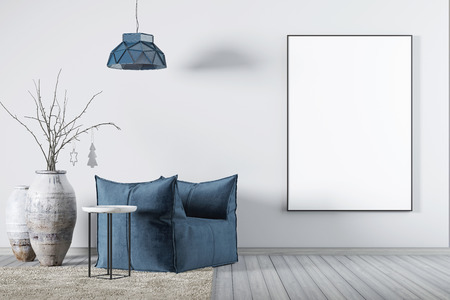 Mock up poster in living room whit fabric blue armchair, a coffee table and big vase. 3d renderingの写真素材