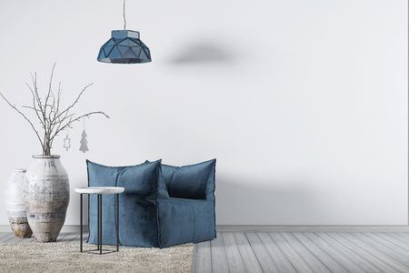 Interior with background empty wall and blue armchair with little table and lamp, 3D render, 3d illustration.の写真素材