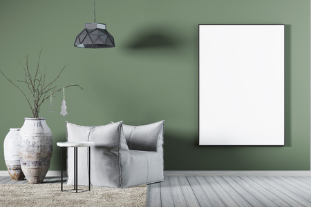 Mock up poster on green wall in living room whit fabric armchair, a coffee table and big vase. 3d renderingの写真素材